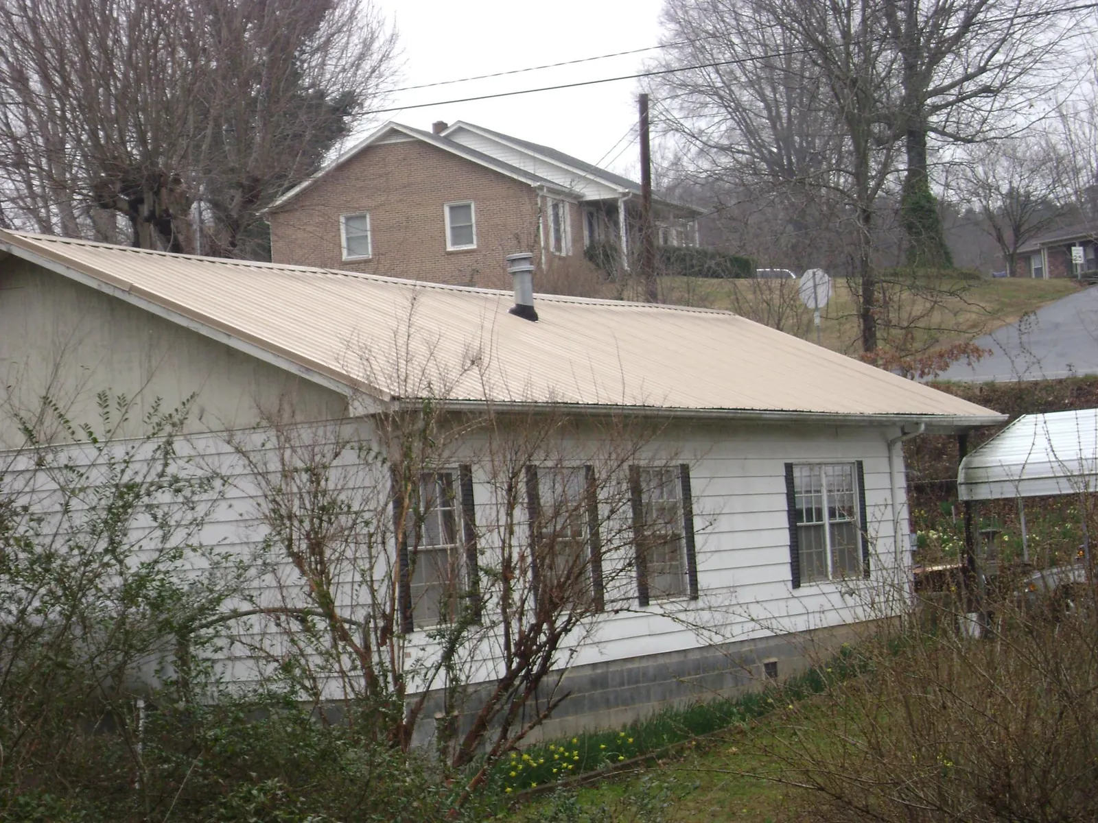Tan metal roof on a white sided house set into a hillside in Mc Kees Rocks